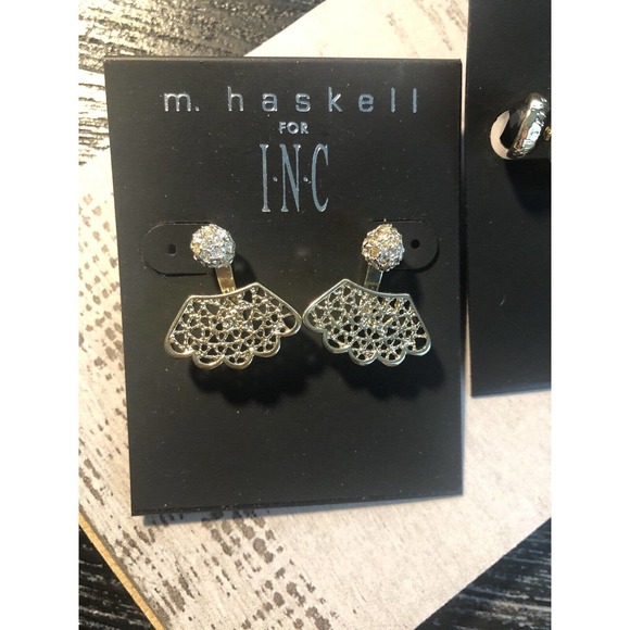 2 Pair M Haskell INC Earring Dual Post & Jacket Gold Black Filigree Rhinestone - Picture 7 of 10